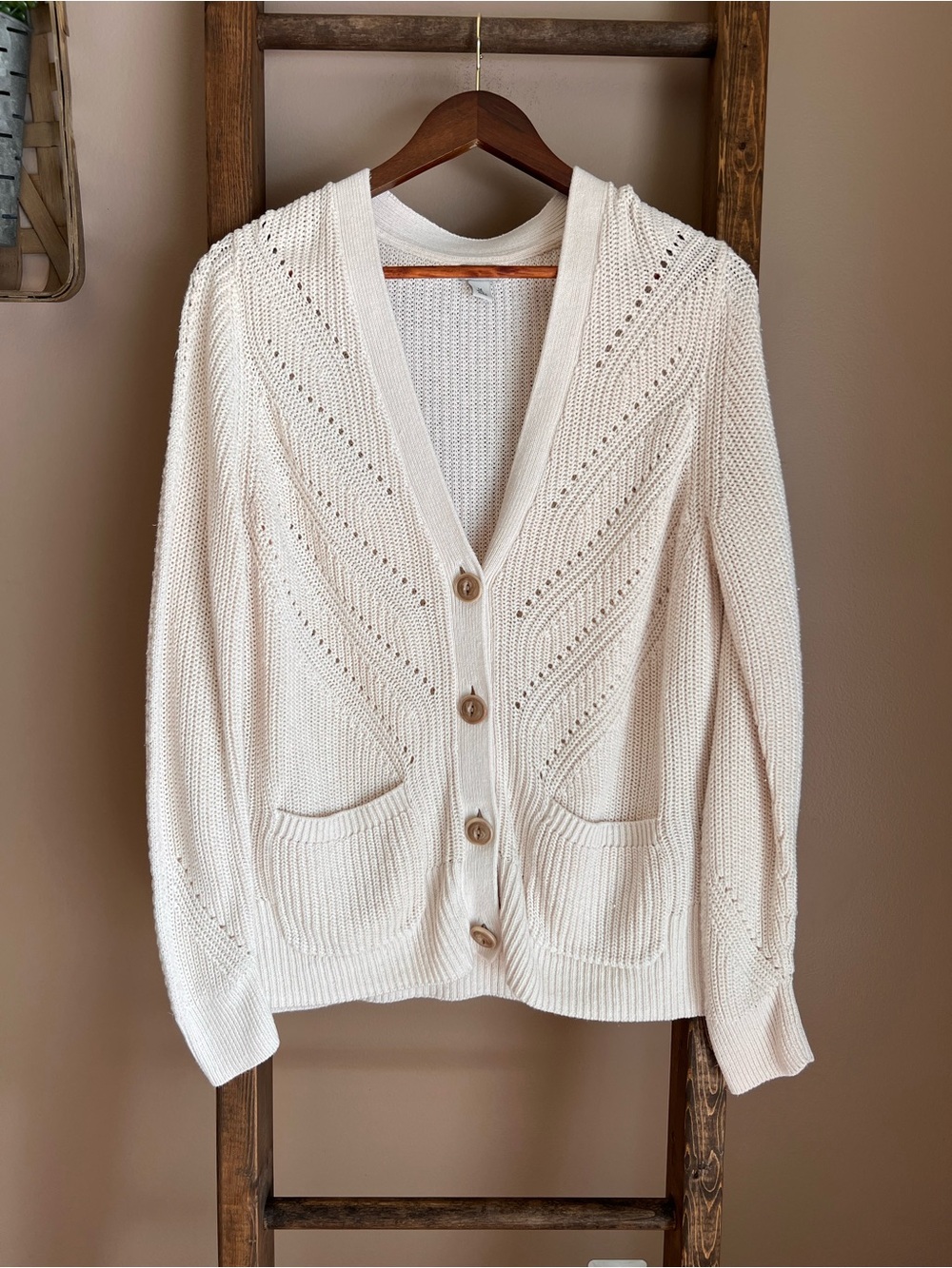 L.L. Bean Cream Knit Button-Front Women's Cardigan Sweater Linen and Cotton